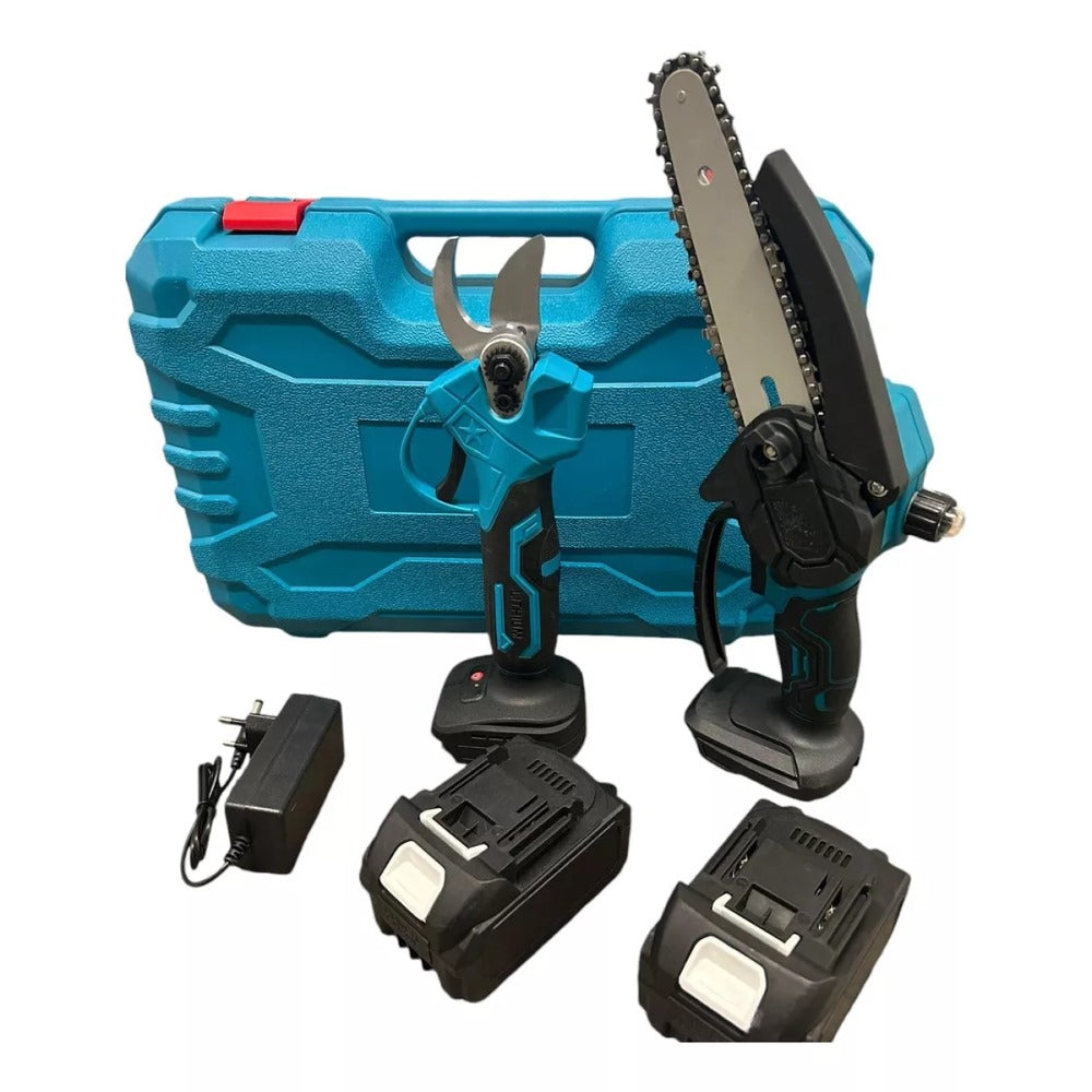 Set 2 en 1 - Mini Sierra y Tijera Podadora - Incluye 3 Baterías Litio