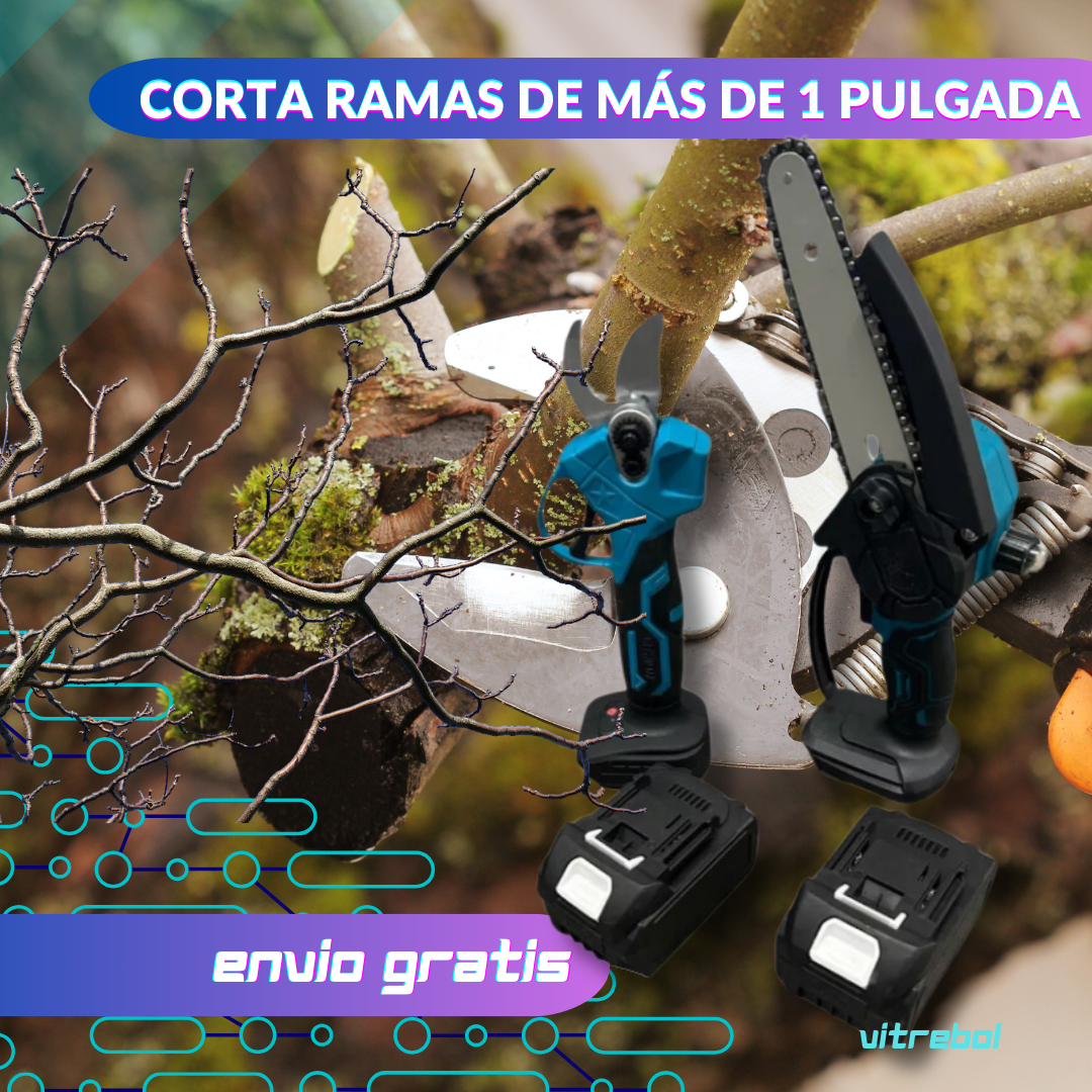 Set 2 en 1 - Mini Sierra y Tijera Podadora - Incluye 3 Baterías Litio