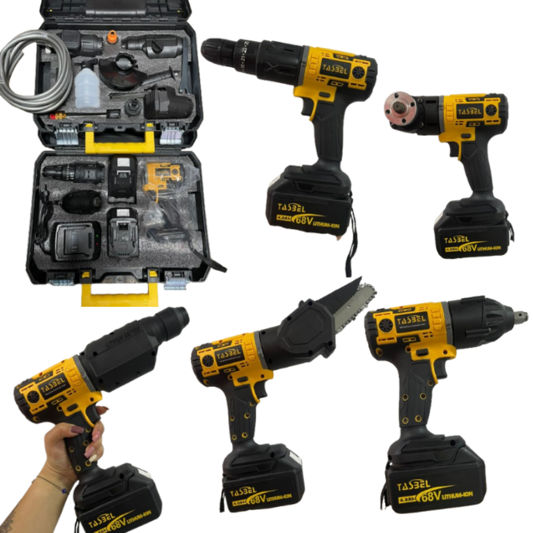 Set 6 en 1: Taladro, Esmeril, Mini Sierra, Cango, Hidrolavadora, Percutor con batería de 68v