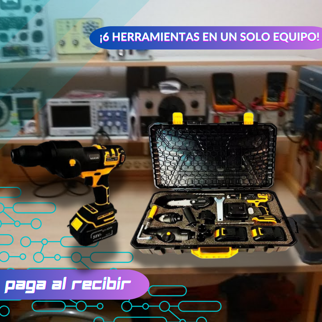 Set 6 en 1: Taladro, Esmeril, Mini Sierra, Cango, Hidrolavadora, Percutor con batería de 68v