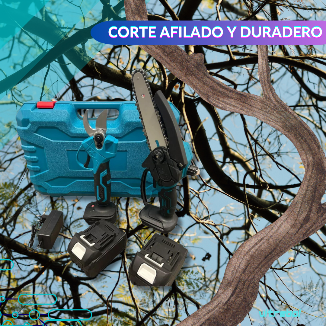 Set 2 en 1 - Mini Sierra y Tijera Podadora - Incluye 3 Baterías Litio