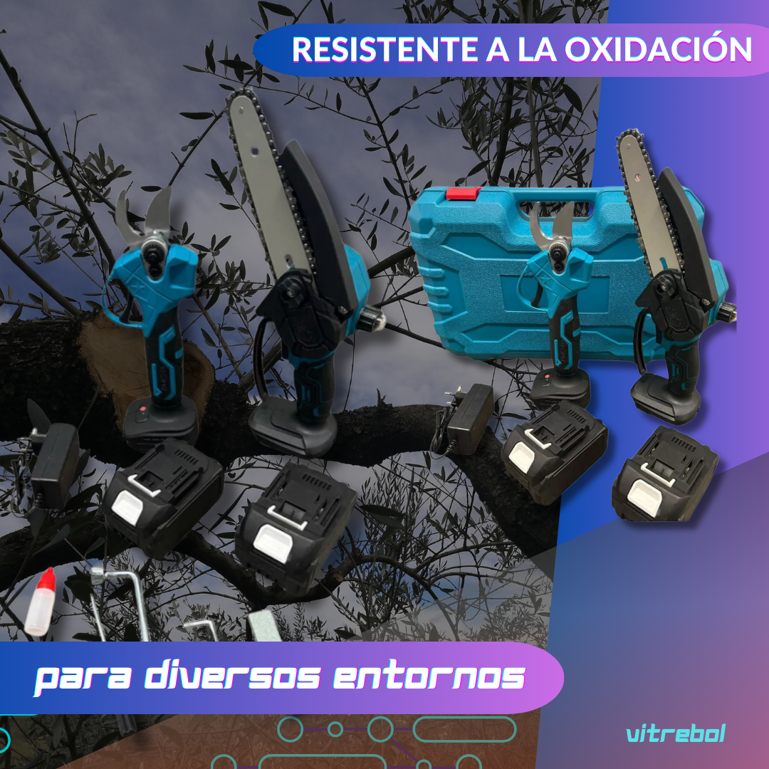 Set 2 en 1 - Mini Sierra y Tijera Podadora - Incluye 3 Baterías Litio