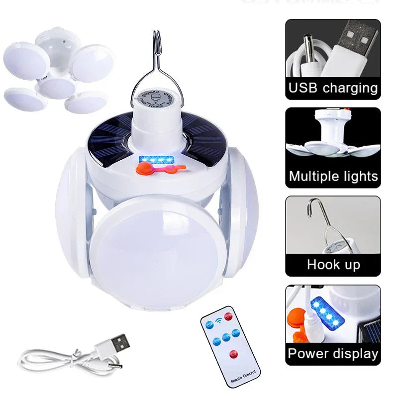 Set de 2 Focos portátiles plegables, luces de emergencia o camping - Carga con el sol y con USB.